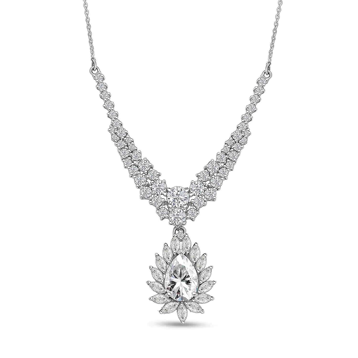 D'Joy Moissanite 4.90 ctw Blooming Lotus Necklace in Rhodium Over Sterling Silver 18-20 Inches