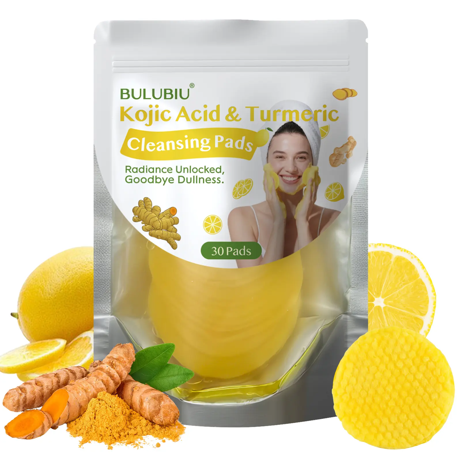 30-Count Turmeric Kojic Acid Face & Body Cleansing Pads, Face Acne Cleanser Cream, Gentle Exfoliating Pads for Dull-Looking and Sensitive Skin