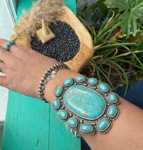 Statement Turquoise Squash Blossom Cuff Bracelet | Western Silver Navajo Style Jewelry