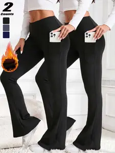 Women's Fall Winter Fleece Lined Yoga Pants, High Waisted Butt Lift Sporty Leggings, Casual Pocketed Long Pants for Fitness & Gym Stretchy High Waist, Athletic Workout Pants, Athleisure Style Pants, Athletic Bottoms