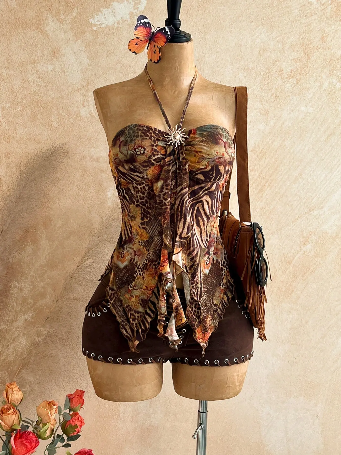 VYNCE Boho Chocolate Brown Shell Decor Asymmetrical Hem Spaghetti Strap Camisole Plus Size Summer Vacation Top