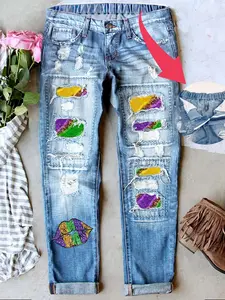 Mardi Gras Multiple Unique Print Women's Patch Ripped  Distressed Boyfriend  Mid-Waist Jeans Fitted Denim Pants Stretchy Waistband Woman's Casual Daily Wear Comfy for All Season, Bottom, Trousers, Womenswear