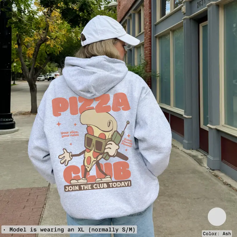 Pizza Hoodie, Hand-Drawn Retro Graphic, Chest and Back Print