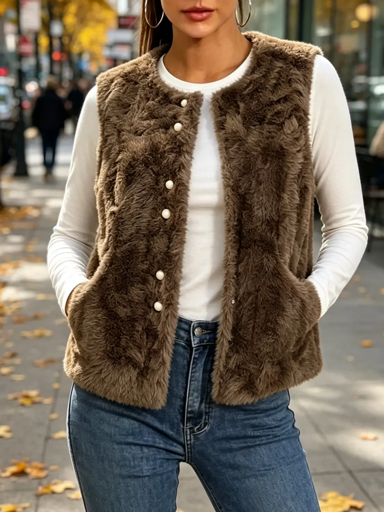 Women's Plain Crew Neck Sleeveless Button-Down Fuzzy Fleece Waistcoat - Casual Loose Warm Faux Fur Gilet Top for Autumn Daily Urban Layering Outfits