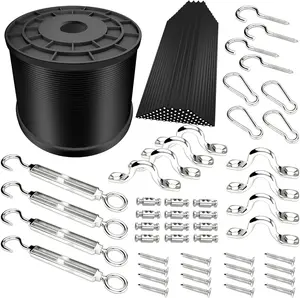 Outdoor String Lights Hanging Kit,Globe String Lights Suspension Kit,164ft Black Vinyl-Coated 304 Stainless Steel ,String Light Guide Wire,Hook & Eye Turnbuckle Wire Rope Tension