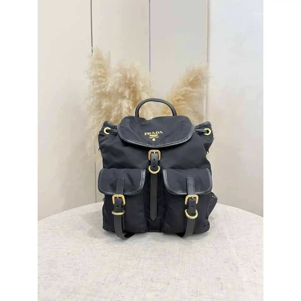 Pre-owned Prada Small Black Nylon Backpack with Gold Tone Hardware XJ027