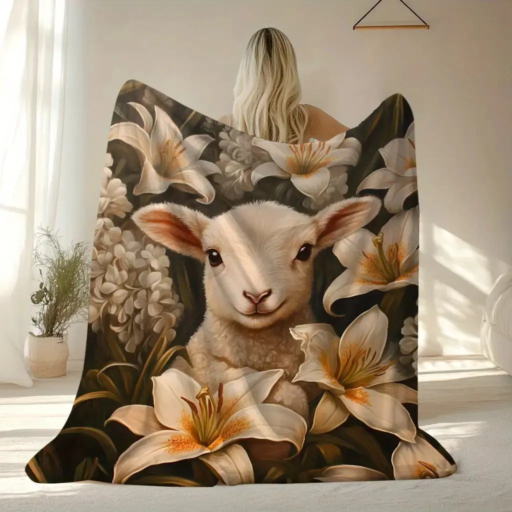 Soft & Warm Wrinkle-Resistant Flannel Fleece Blanket with Sheep Print and Lilies Design - Contemporary All-Season Cozy Throw for Camping, Home Decor - Thoughtful Birthday Gift