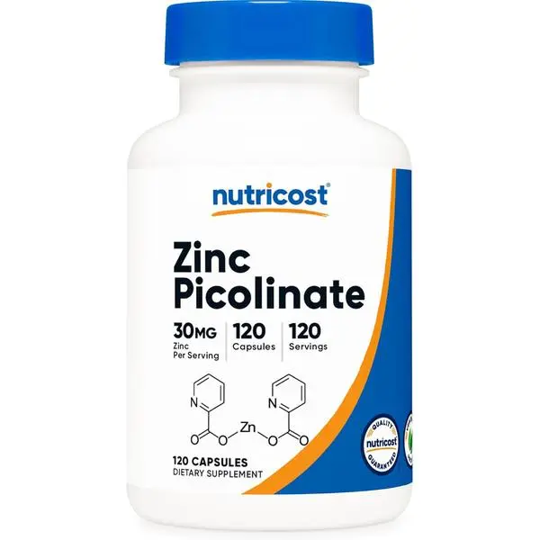 Nutricost Zinc Picolinate Mineral Supplement Bottle - 30mg, 120 Capsules, Gluten Free, Non-GMO, GMP Certified