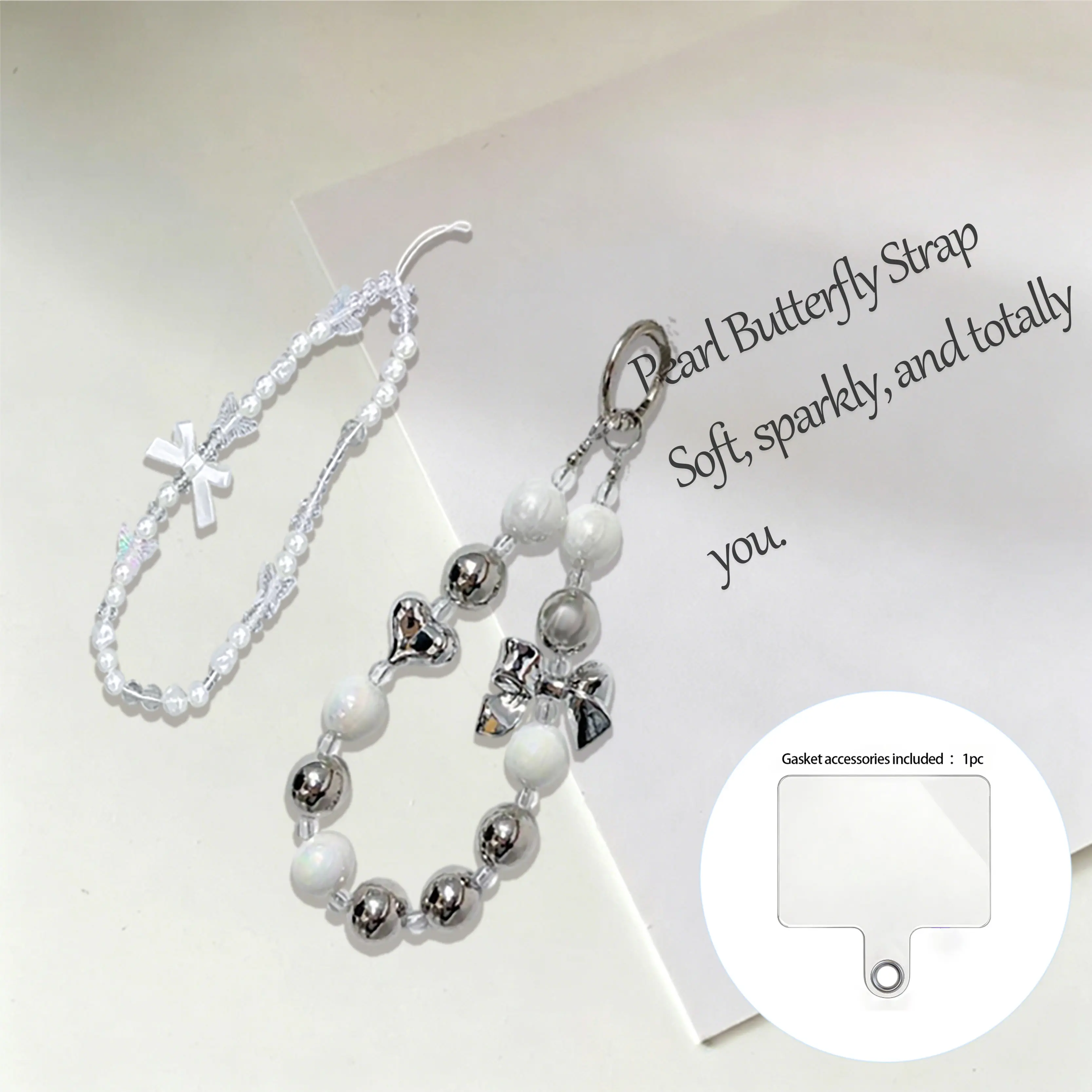 Y2K Coquette Pearl Phone Charm with Bow & Butterfly | Aesthetic Beaded Phone Strap Wristlet with Universal Tether Tab For iPhone 17 16 15 14 13  Smartphone Cellphone [1pc] Durable Metallic Cell Phone Accessories Cell Phone Charms