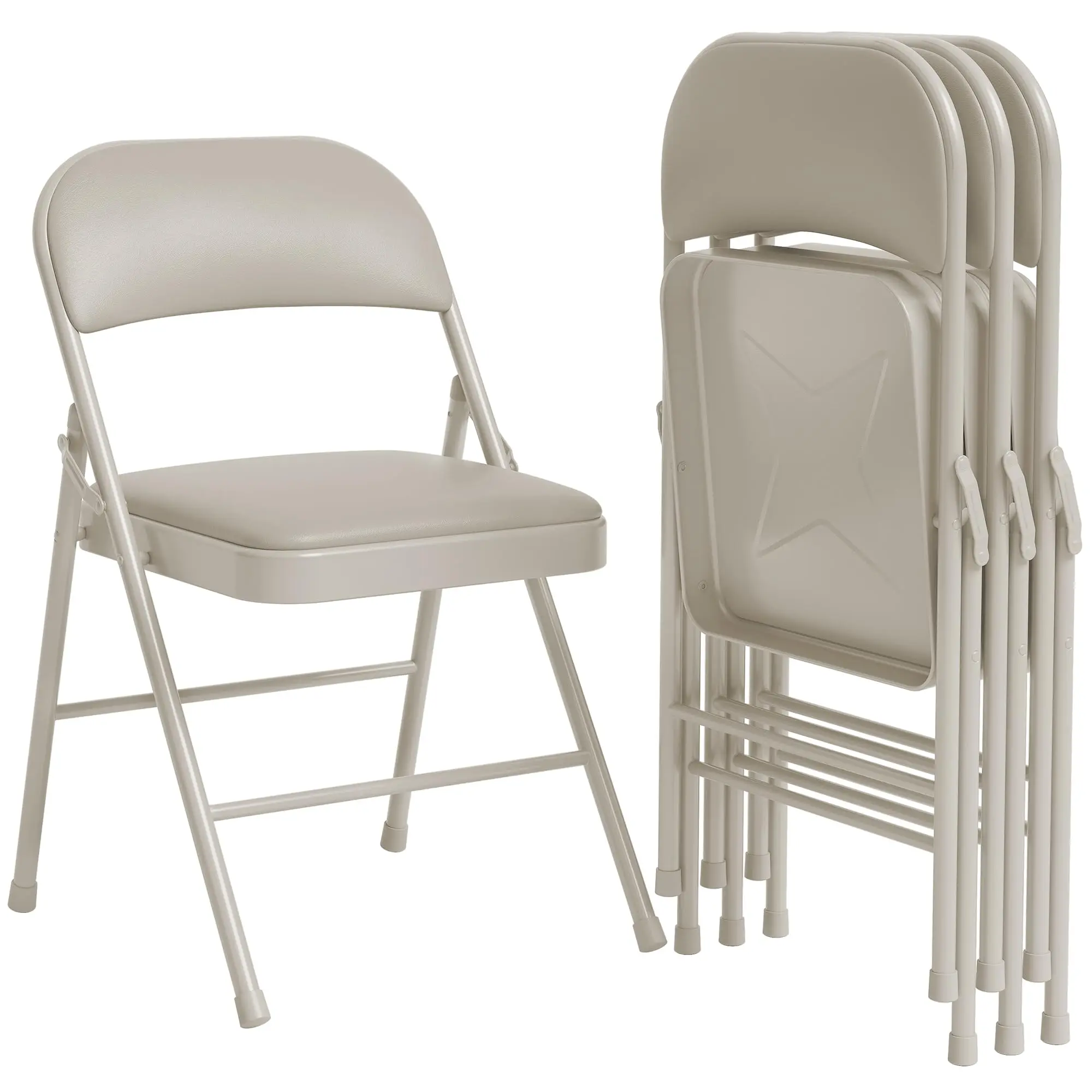 Folding Chairs Set of 4 - PU Upholstered, Metal Frame, Supports Up to 350 lbs, Portable Beige Folding Chairs for Dining, Living Room, Office, Camping