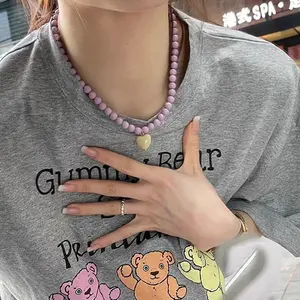 Trendy Beaded Chain Resin Heart Pendant Necklace for Women Girls New Color Clavicle Chain Delicate Jewelry Gift
