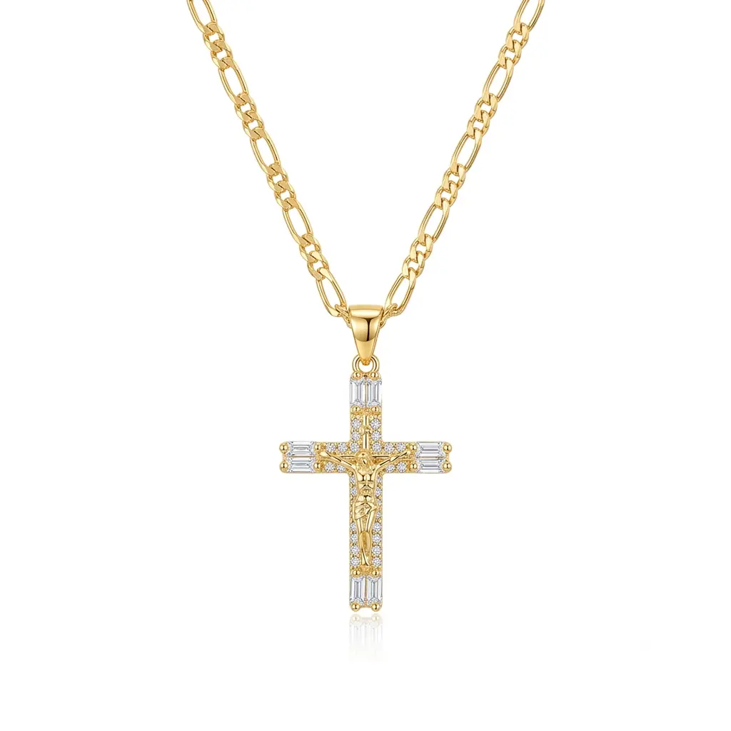 Gold-Tone CZ Cross Pendant Necklace, Stainless Steel Chain, Sparkling Rhinestone Crucifix Necklace, 55cm Long Chain, Unisex Jewelry for Men and Women, Everyday Gift