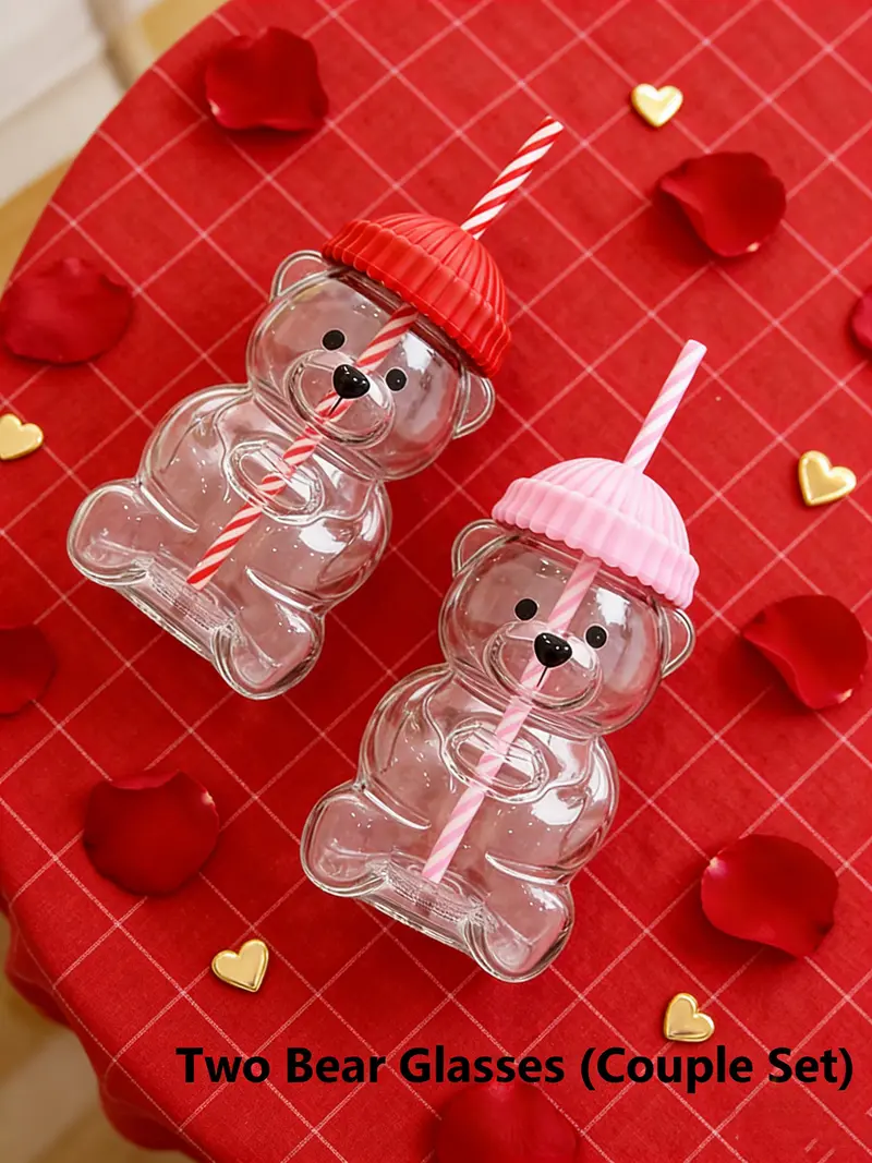 Heat-Resistant Glass Straw Cup, Cute Bear Shaped Cold Drink Cup, 20oz Coffee Mug, Valentine's Day Gift, Teddy Bear Cup, All Seasons
