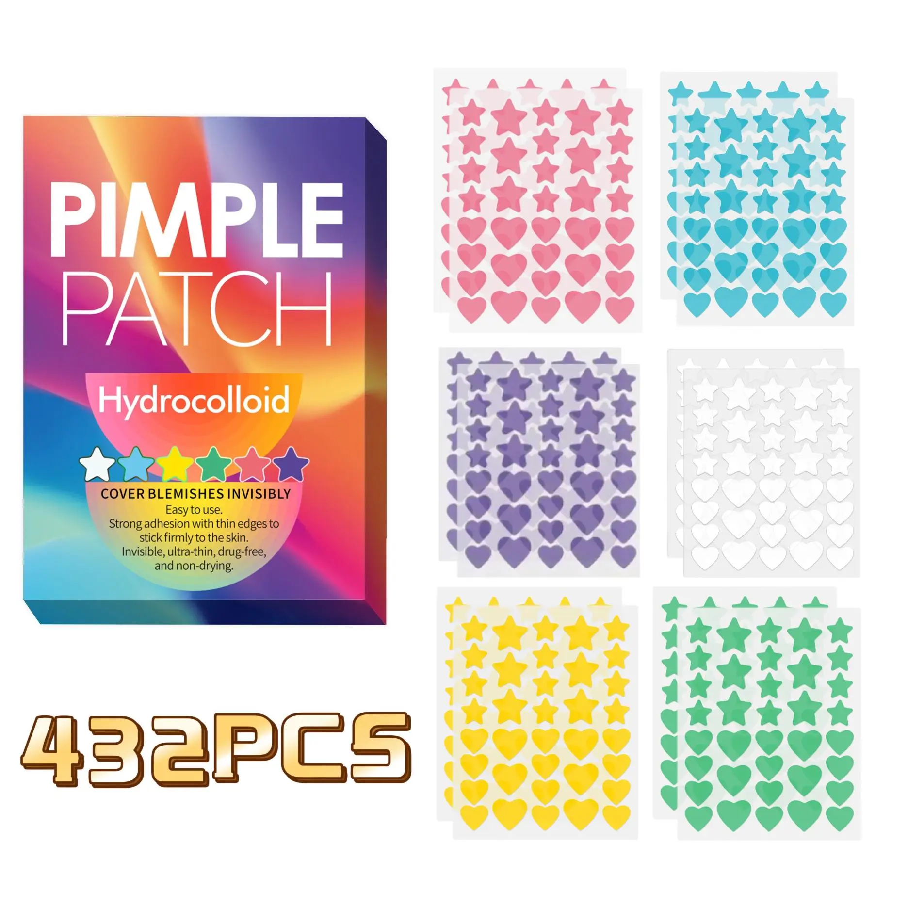 Star & Heart Shaped Pimple Patch, 432pcs/box Hydrocolloid Acne Cover Patch, Skin Care Product for Women & Men