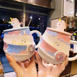 Ceramic Unicorn Water Cup Spiral Rainbow Mug Coffee Cup With Lid Spoon Cute Girls Household Drinking Cup