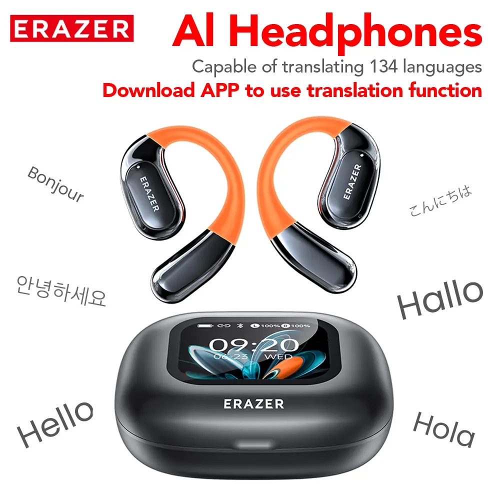 ERAZER XP15 AI Translation LED Touchscreen Earbuds in Real Time, Language Translator Earbuds Open Ear Wireless Headphones Support 135 Languages Transl
