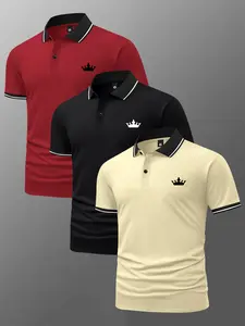 Men’s Summer 3-Pack Crown Print Cotton Short-Sleeve Polo Shirts, classic retro style, lightweight and versatile for sports, casual outdoor wear, and golf fashion; trendy black short sleeves—the best gift for men.