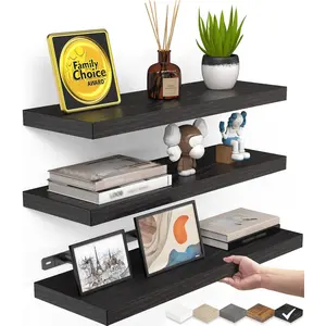 Floating Shelves for Wall, Wall Mounted Rustic Wood Shelves for Bathroom, Bedroom, Living Room, Kitchen, Hanging Shelf for Books/Storage/Room Decor with 22lbs Capacity (Black, Set of 3, 15.7in)