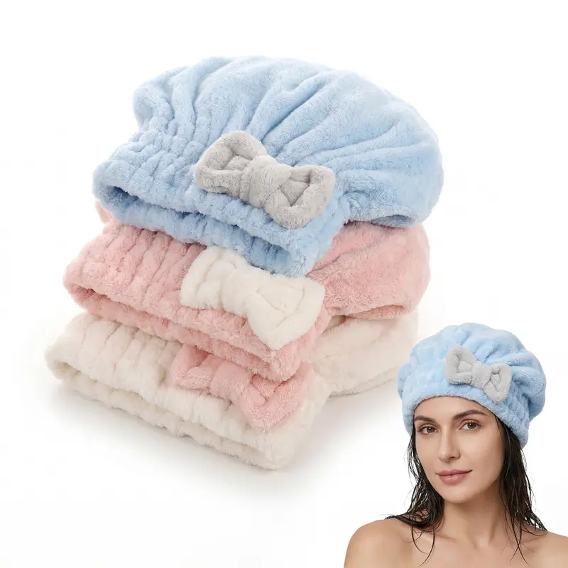 Women's 3-Pack Plush Microfiber Hair Wrap Towels - Ultra-Water-Absorbent Quick-Dry Caps with Elastic Band & Bow, One Size Travel Fast-Drying Lightweight Towels for After Showering, Thick Curly Hair