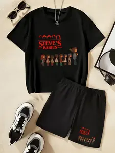 Stranger Things Steve's Babies Print T-Shirt Set - A Trendy Children's Short-Sleeved Short-Pants Two-Piece Outfit, Featuring A Unique, Casual, Fashionable And Comfortable Design Suitable For Daily Outdoor And Party Use. Ideal For Gift-Giving.