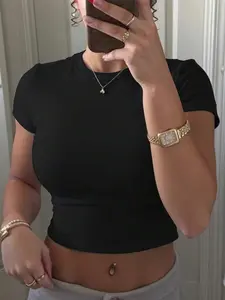 Women's Plain Minimalist Round Neck Crop Tee, Casual Slim-fitting Short Sleeve T-shirt, Ladies Summer Clothes for Daily Wear, Top