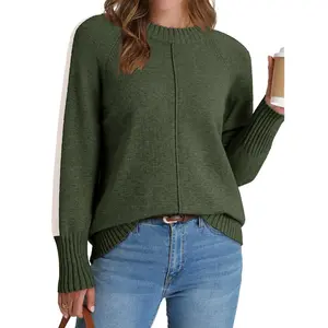 Dokotoo Womens Fall Sweaters Casual Long Sleeve Crewneck Color Block Pullover Knit Jumper Tops