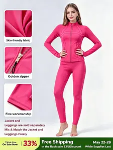 Golden Zipper Women Two Piece Tracksuit, Soft Brushed Long Sleeve Jacket with Thumbholes and High Waist Leggings, Casual Sports Outfit with Golden Zippers Pockets, Buttery Soft Stretchy Breathable Skin Friendly for Daily Workout & Daily Wear