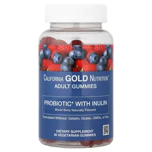 California Gold Nutrition Probiotic with Inulin Gummies with Vitamin C, Folate, Berry Extract Blend and Organic Inulin, Natural Mixed Berry, 90 Vegetarian Gummies