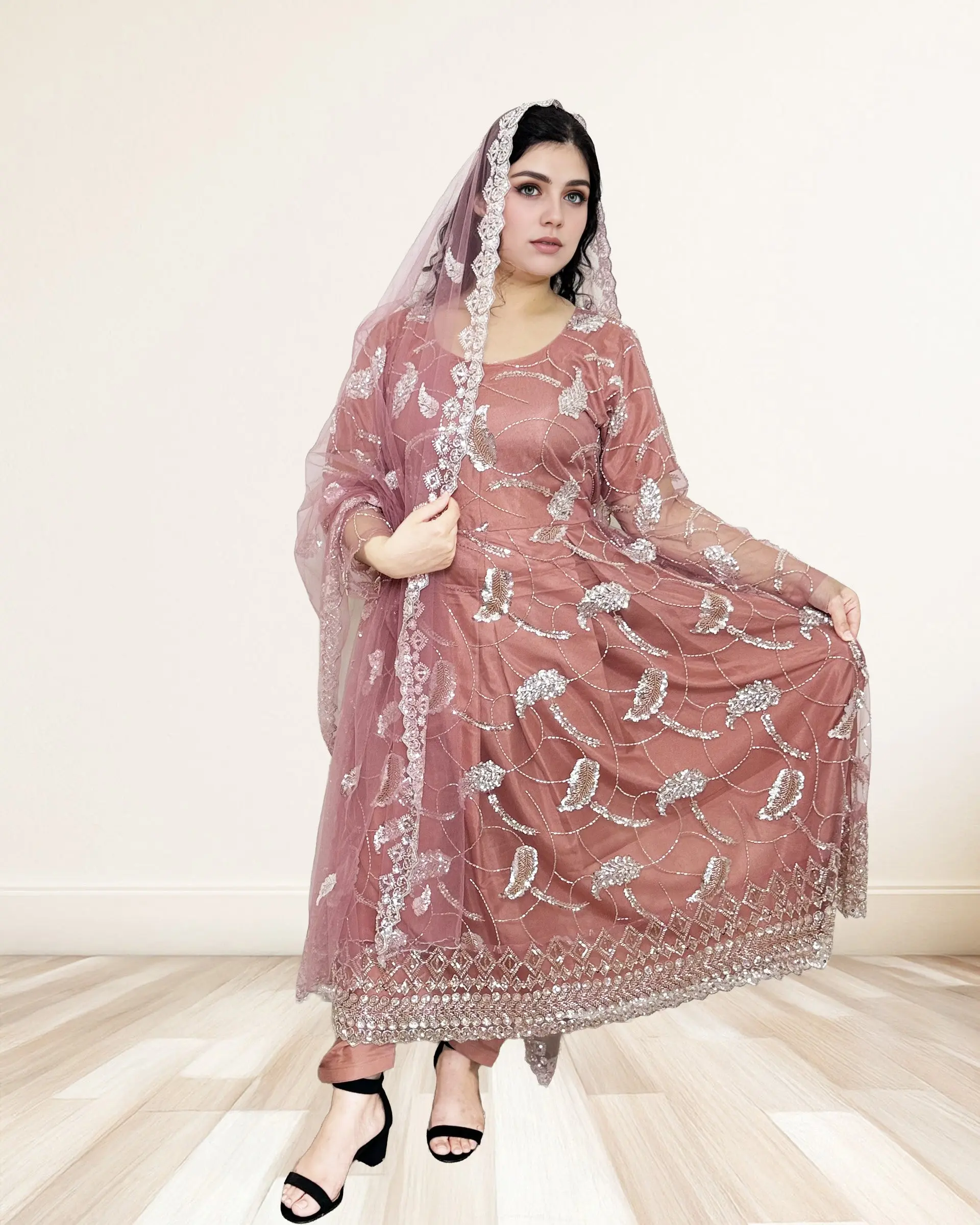 Dusty Rose Georgette Anarkali Dress for Women, Sequin Embroidered Party Wear with Matching Net Dupatta and Satin Lining, Fabric
