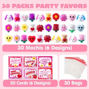Mothers Day Gift 30 Packs Valentine’s Day Gift Cards with Mochi Squishy Toys, Kawaii Squeeze Toys with 6 Designs Hangers, Stress Relief Fidget Toy for Kids Valentine's Party Favors, School Classroom Exchange