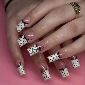 S162 Nailed by Vibe - Retro Polka Dot Press-On Nails, Black Swirl Lace Art on White Tips, Long Square Nails, Handmade Vintage Chic Style, Elegant Nail Set for Party, Fashion Looks & Gift for Her