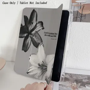 Black and White Contrast Lily Pattern Protective Case - Featuring an Adjustable Stand and Pen Slot. Foldable, Non-slip TPU Cover Compatible with Samsung, iPad mini, iPad Air, iPad Pro, iPad (10th & 11th Gen), and Other iPad Series.