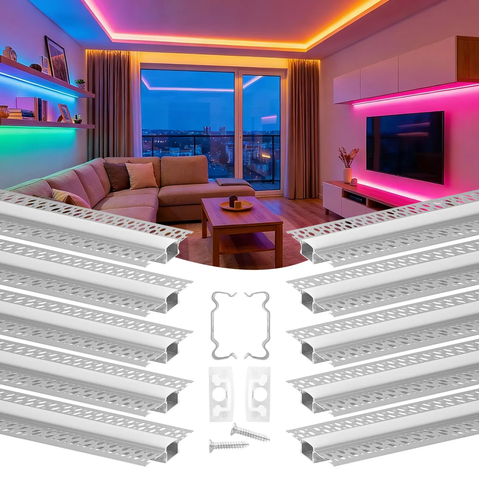 VEVOR 10-Pack Anodized Aluminum Trimless Recessed Drywall LED Channel, 6.6 Ft/2 M Double-Sided Profile, Bright Milky Cover Diffuser for Light Diffusion & Heat Dissipation, End Caps, Mounting Clips, Enhanced Protection for Wall/Ceiling Lighting