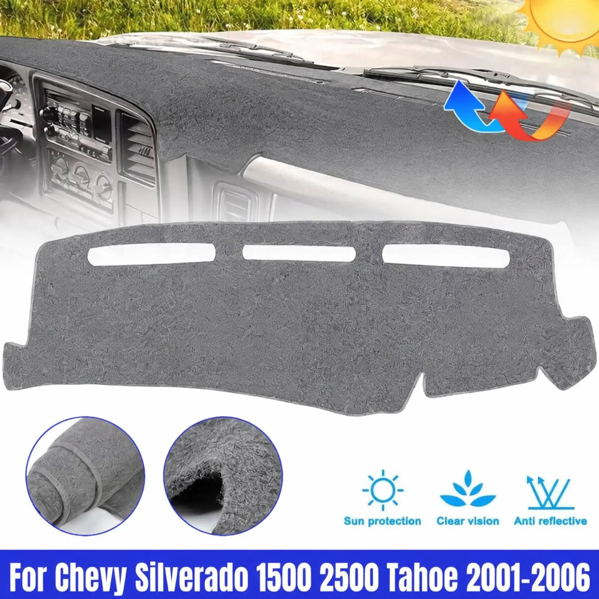 Polyester Dash Mat Cover for 1999-2006 Chevy/GMC Silverado Sierra, Dashboard Protector for 2000-2006 Chevy Avalanche Tahoe Suburban GMC Yukon Pickup, Gray