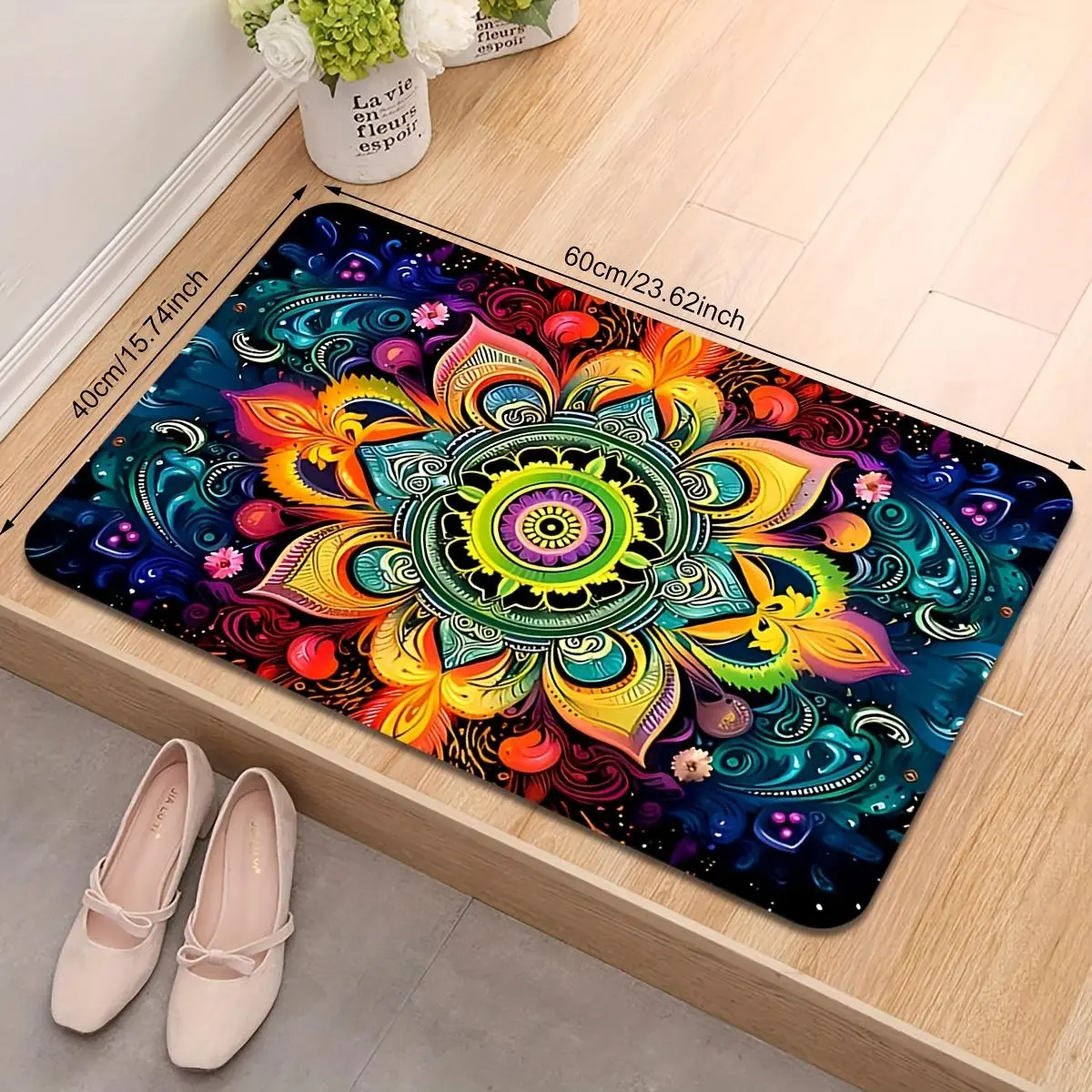 1pc Floral Mandala Welcome Door Mat - Polyester Fabric, High-Density, Non-Slip Rectangular Rug, Machine Washable, Suitable for Indoor Outdoors Entryways, Ideal for Kitchen, Laundry Room, Perfect for Easter, Mother's Day, Holiday Decor, One-Piece