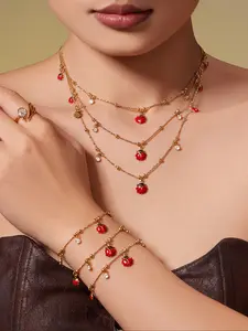 Enameled Ladybug Zircon Pendant Necklace Bracelet Set, Pvd Coated 18k Gold Plated Pearl Chain Stainless Steel Jewelry for Women