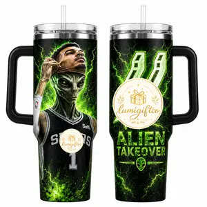 30oz-40oz Alien Takeover Hoops Fan Insulated Tumbler Bottle, Green Lightning Sci-Fi Sports Cup with Sturdy Handle & Lid, Space Basketball Graphic Drinkware, Gift for Men Fans