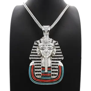 Hip Hop Large King Tut Pharaoh Iced Cubic Zirconia Pendant 4mm 36" Franco Chain Gold Silver Plated Necklace Jewelry