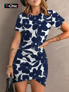 Women's Floral / Leaf Print Round Neck Dress, Casual Comfy Chic Short Sleeve Crew Neck Dress for Spring & Fall, Ladies Clothes for Casual Everyday Wear, Womenswear