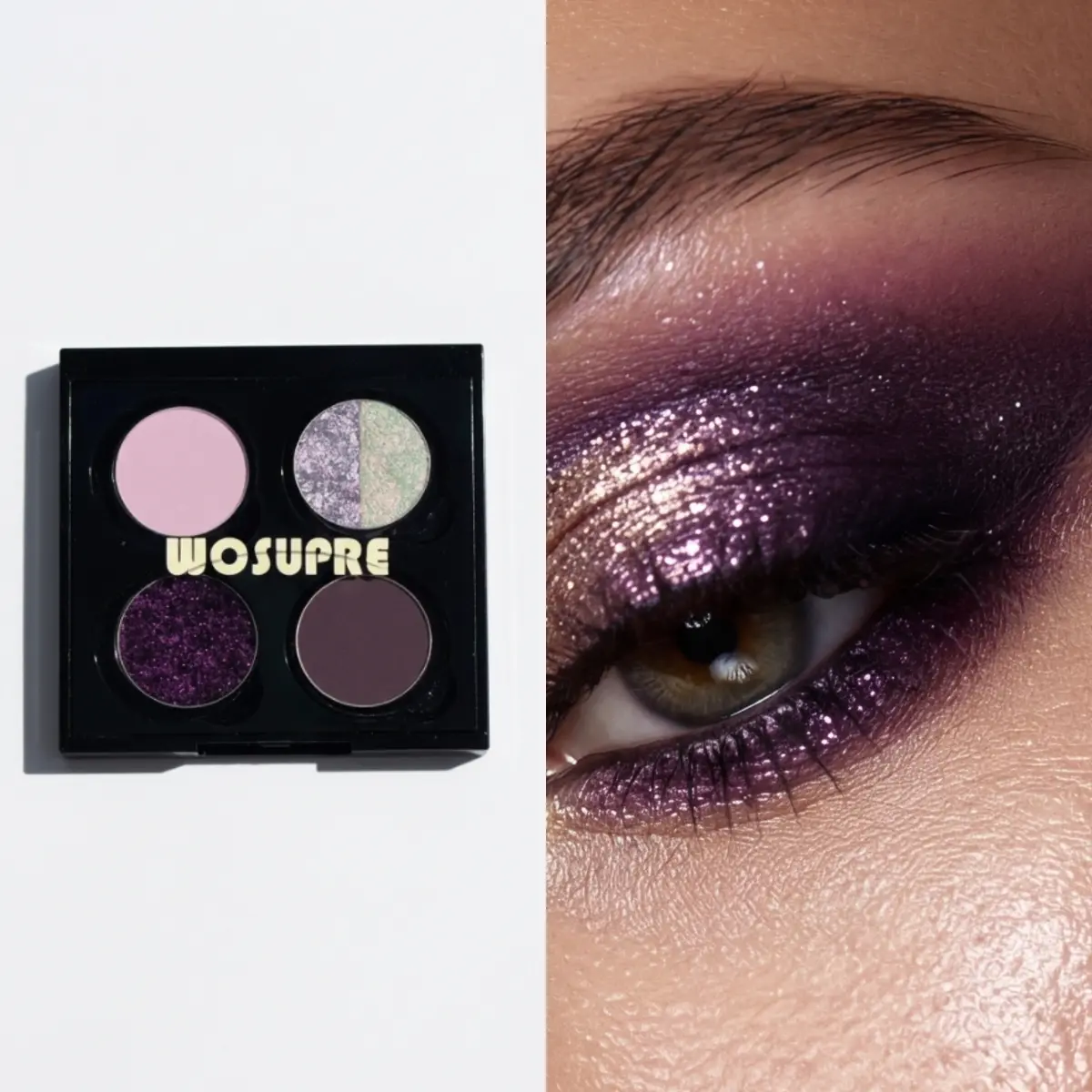 WOSUPRE Purple Dusk 4-Color High-Pigment Shimmer Glitter Eyeshadow Palette - Hypoallergenic, Long-Wear Compact Multi-Color Eyeshadow, Glittery Sparkle Chic Acrylic-Free Makeup for Daily & Festival Glam Gifting, Glittery Eyeshadow
