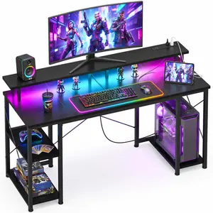 Computer Desk, 48 Inch Gaming Desk with Led Lights & Power Outlet, Office Desk with Storage Shelves, Reversible Desk with Monitor Shelf & Headphone Hook 48-inch gaming table, equipped with LED lighting and power socket, featuring monitor stand tiktokshops