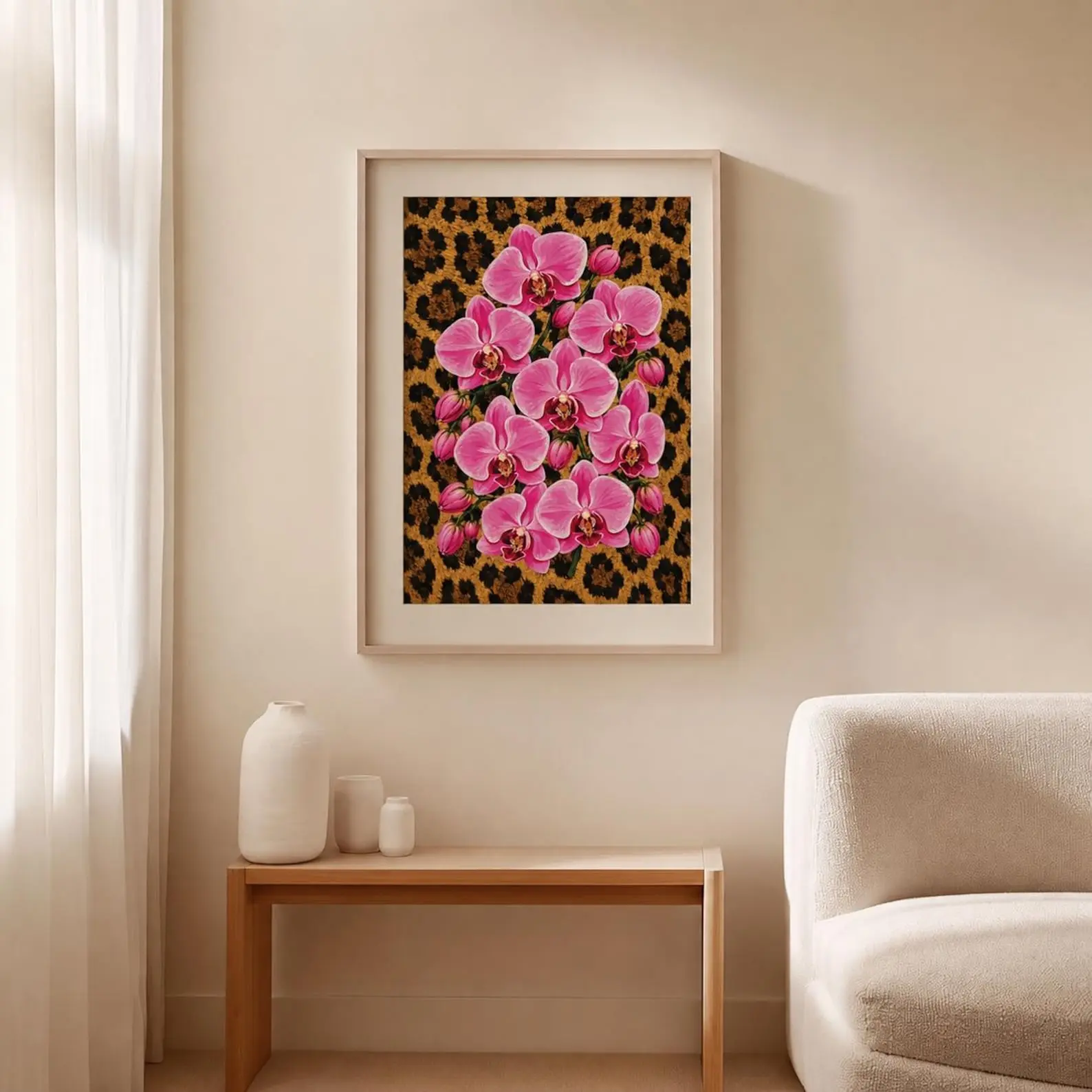 Pink Orchid Leopard Glossy Poster, Luxury Floral Wall Art Print, Glam Animal Pattern Decor, Maximalist Home Aesthetic