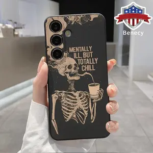 Quiet Coffee Pattern Straight Edge Phone Case Compatible with Galaxy S23 Ultra S24 Plus S25 S22+ Shockproof Full Camera Protection Durable Slim Liquid Silicone Cover Smartphone Casing