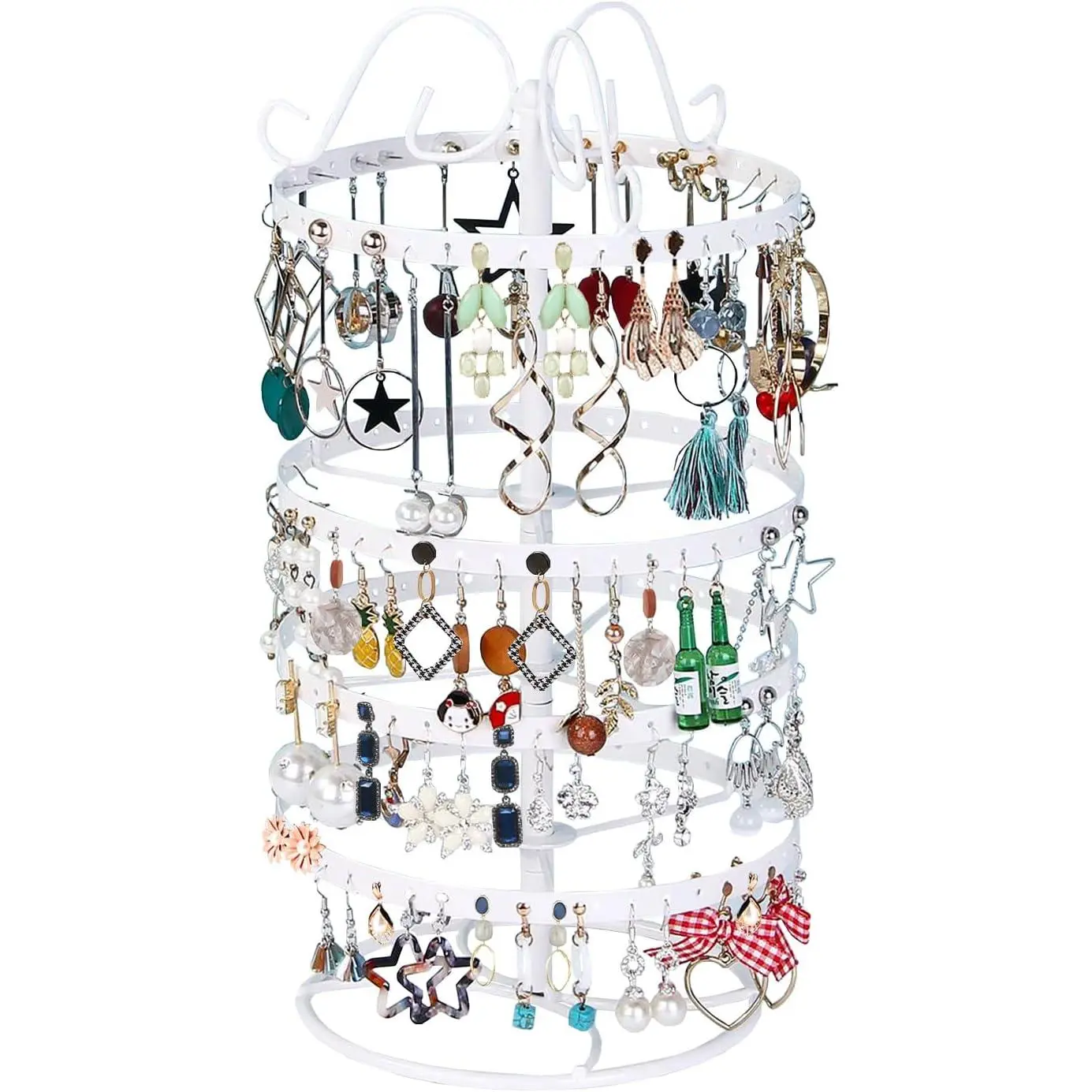 Qingsm Shiny Stainless Steel 4-Layer 360-Degree Rotation Jewelry Box Organizer with 168-Hole Earring Holder, Detachable Parts, Creative Top Modeling, Paint Finish - White Insert for Girls' Daily Display, Travel Home Storage, 360 Degree Rotation Jewelry Bo