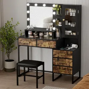 Vanity Desk with Mirror and Lights – 43″ Makeup Vanity Set with Stool – LED Lighted Mirror with 10 Bulbs – Drawers, Shelves & Charging Station – Dressing Table with Chair for Bedroom