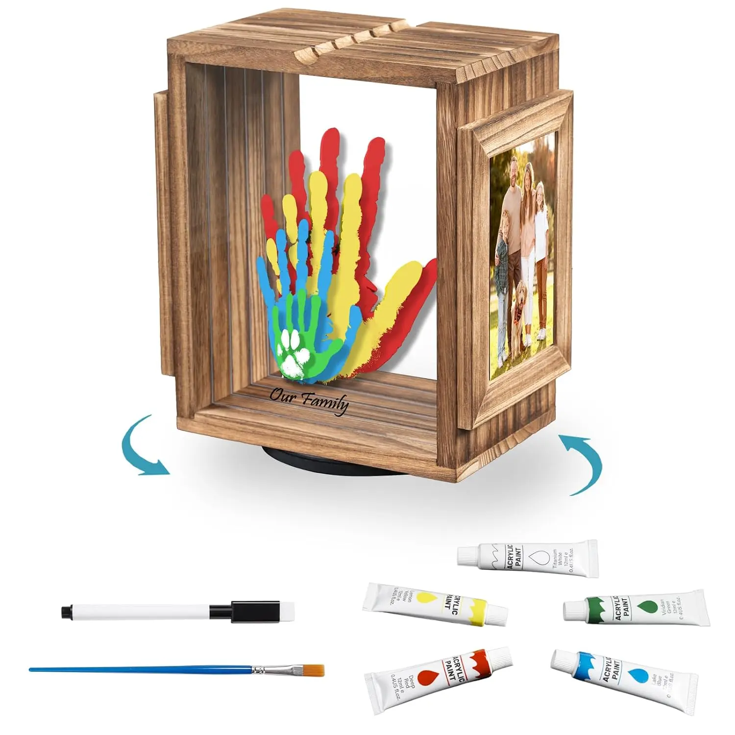 Unisex Emfogo Family Handprint & Footprint Keepsake Kit for New Parents - DIY Wooden Rotating Memory Frame, 4x6 Photo Slots, 5 Non-Toxic Washable Paints, Transparent Sheets, Brush, Marker, Brown Birthday Nursery Gift Set for Displaying