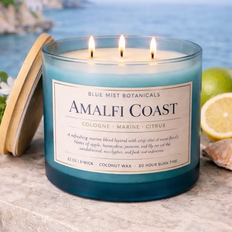 Blue Mist Botanicals Amalfi Coast 3-wick Candle Coconut Wax 80hrs Burn Time Cologne Marine Citrus Decor Ornaments