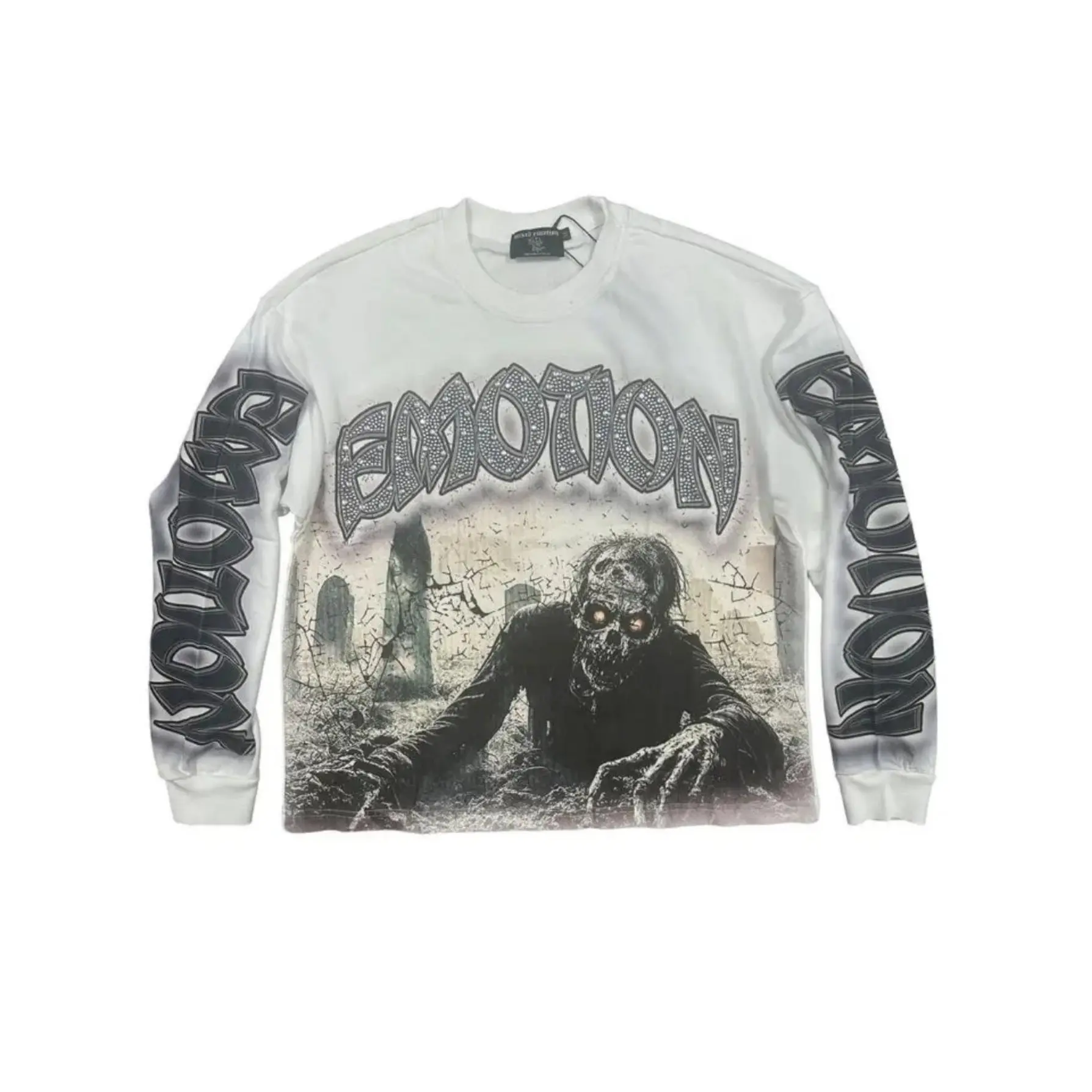 Mixed Emotion Mens Y2K Gothic Zombie Graveyard Heavy Rhinestone Graphic Long Sleeve Tee Faded Black Oversized Grunge Streetwear Hip Hop Unisex Top