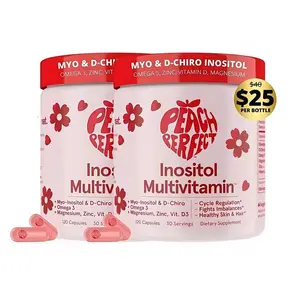 Peach Perfect Happy Hormones PCOS Multivitamin - Myo-Inositol & D-Chiro Inositol, Omega 3, Zinc, Vit D, 120 Capsules, Acne Support & Energy Supplement, GMO Free, Essential Vitamins & Minerals