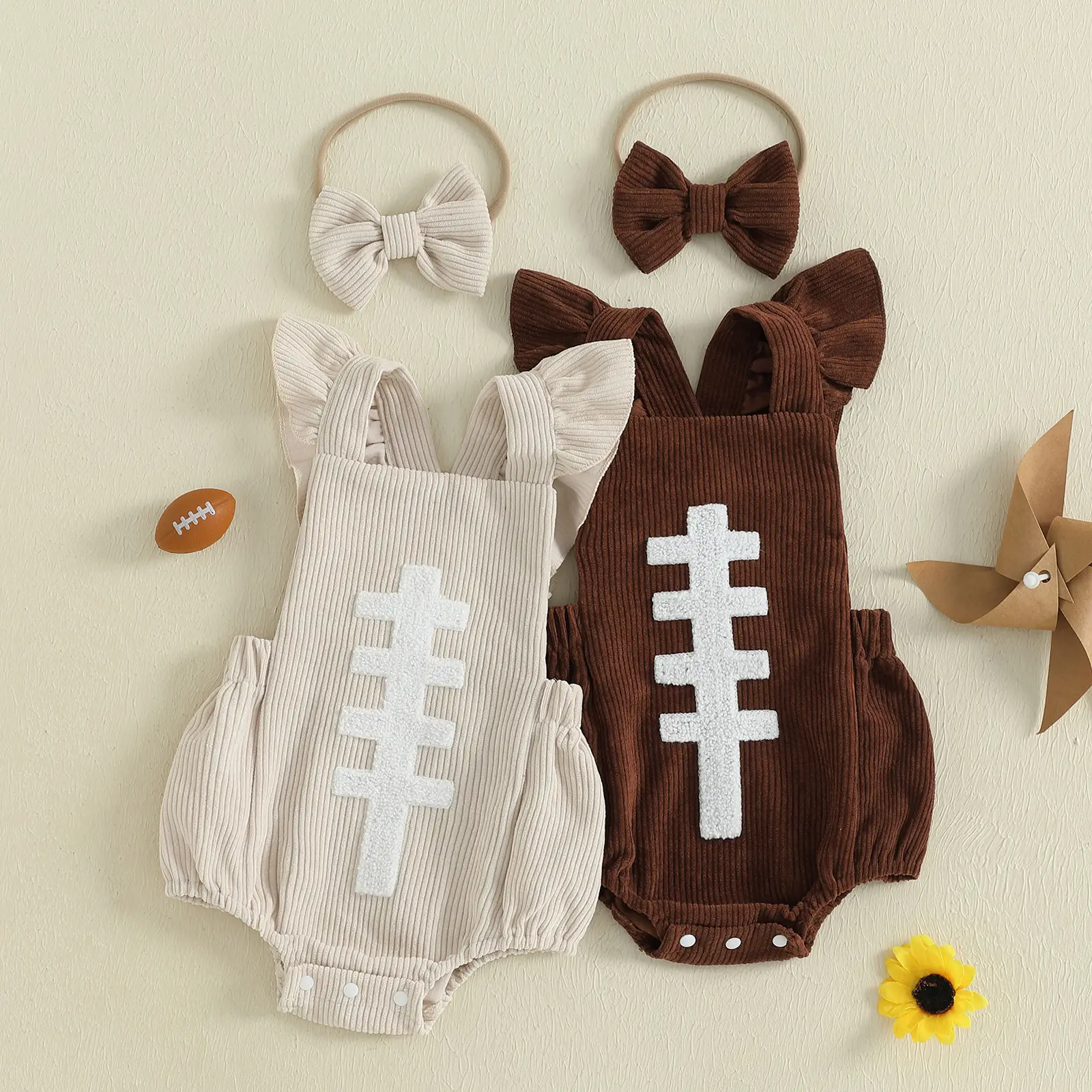 Infant Baby Girl Ruffle Sleeveless Football Embroidery Romper with Headband Outfits Set